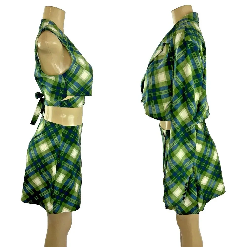 WeWoreWhat 3 Piece Suit Set Size L Cropped Blazer Skort Wrap Top Green Plaid
